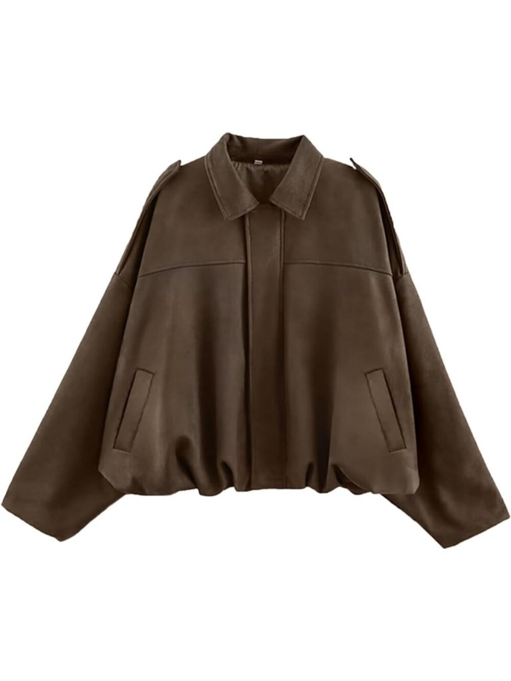 Women's Brown Faux Suede Oversized Collar Cropped Batwing Sleeves Bomber Jacket